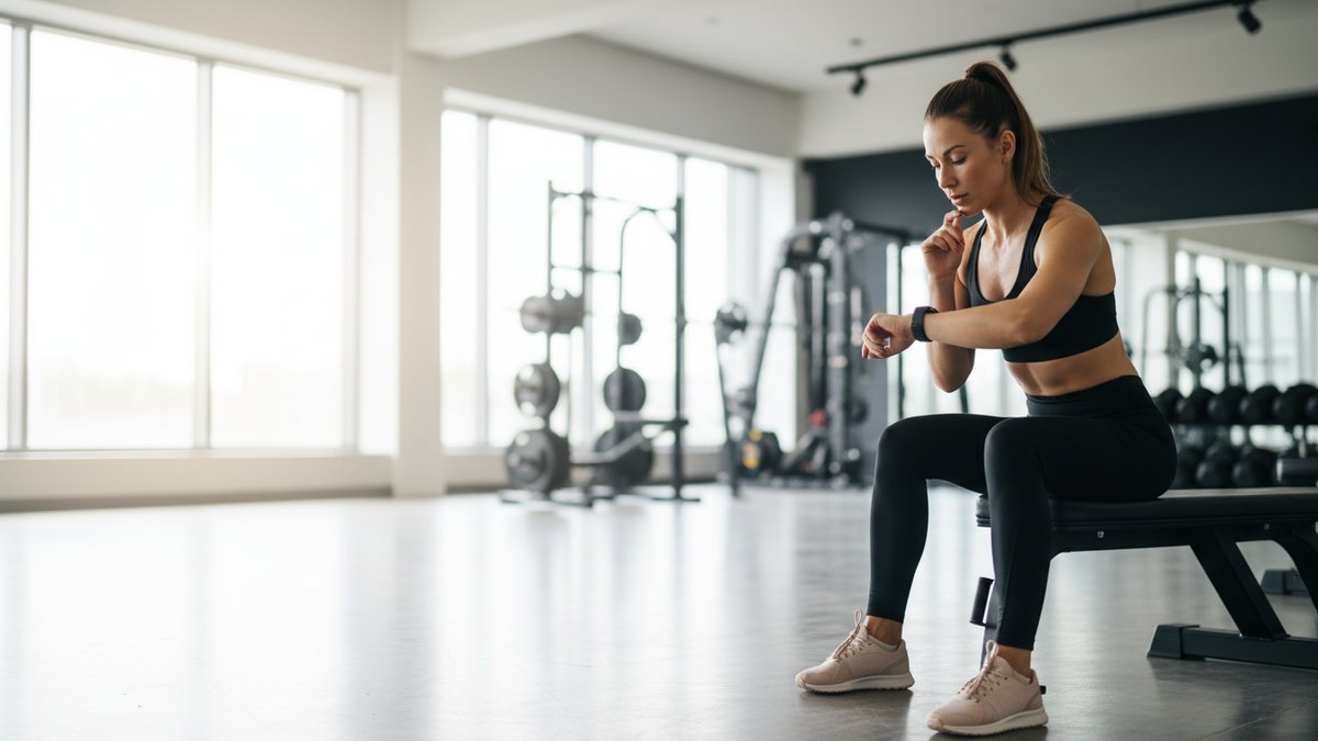 Sporter checkt haar voortgang op haar smartwatch in een lichte gym